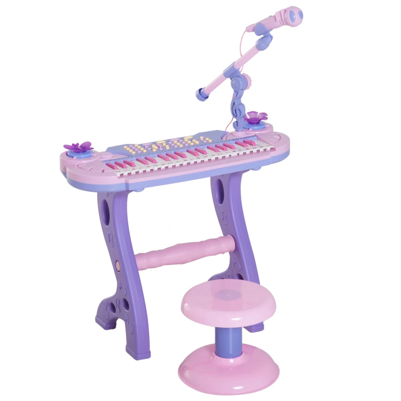 HOMCOM Pianola pour Enfants à 37 Touches avec Tabouret et Microphone, 12 Instruments et 22 Morceaux de Musique, Enregistrement, MP3 et Karaoké, Rose
