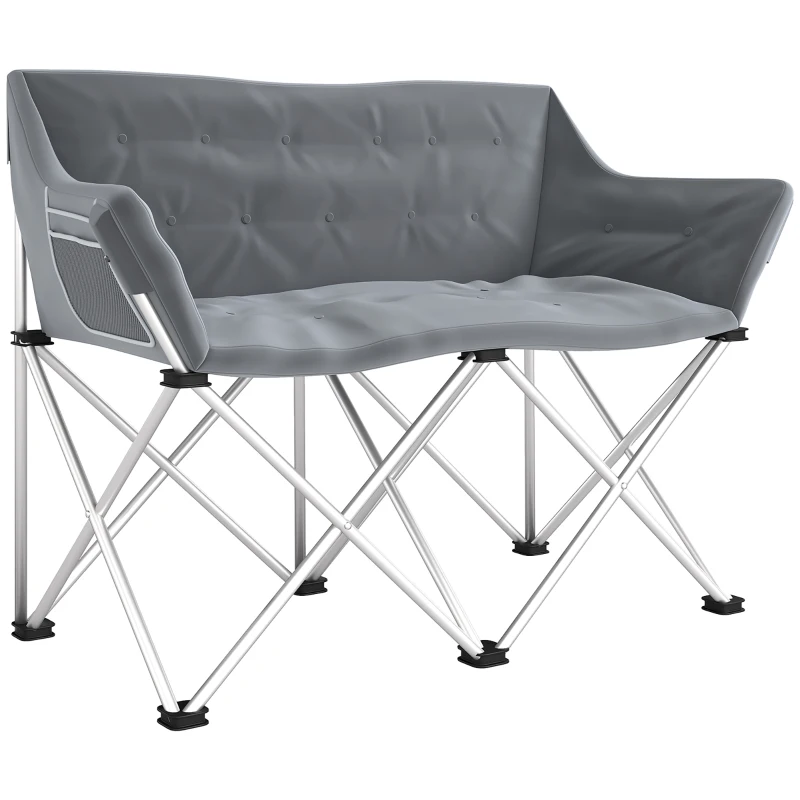 Outsunny Fauteuil pliant 2 places fauteuil de camping avec accoudoirs sac latéral supportant jusqu'à 240kg Gris