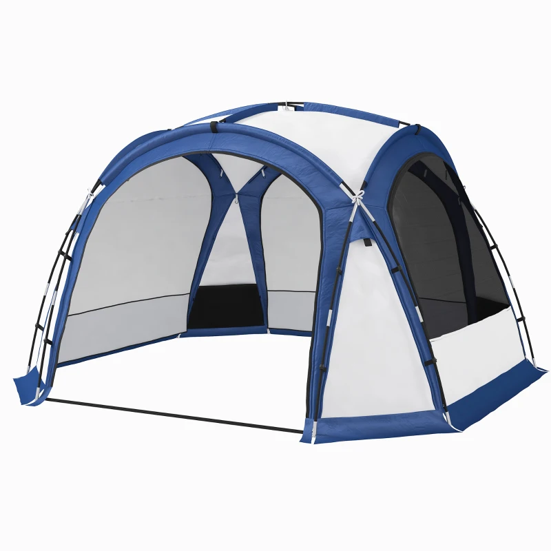 Outsunny Tente de Camping 4-5 Places avec 4 Portes à Fermeture éclair, Moustiquaire et Crochet, 350x350x230cm, Blanc et Bleu