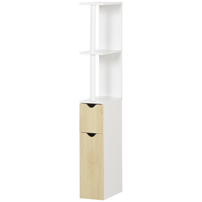 kleankin Colonna Bagno avec 2 Étagères et 2 Armoires, Meuble Haut Gain de Place 15.2x29.8x118 cm, Blanc et Bois Naturel