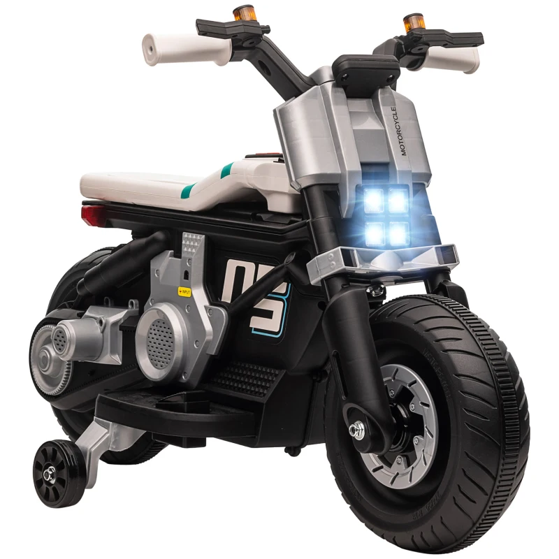 HOMCOM Moto Eléctrica Infantil con Faros Música Bocina Velocidad 3 km/h para Niños de 3-5 Años 86x44x58cm Negro y Blanco
