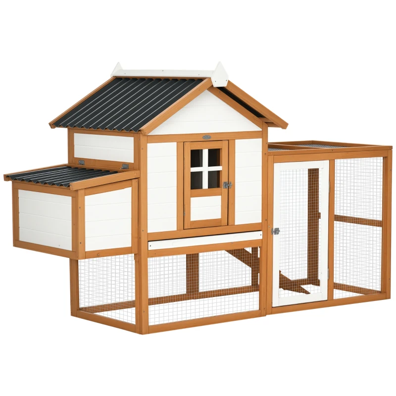 PawHut Galinheiro de Madeira para Exterior para 2-4 Galinhas com 2 Poleiros Ninho Bandeja Amovível e Rampa 181x79,5x117,5cm Madeira