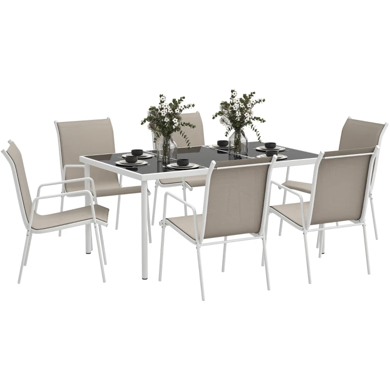 Outsunny Juego de Comedor de Jardín de 7 Piezas con 1 Mesa 6 Sillas Apilables para Terraza Patio Blanco y Gris