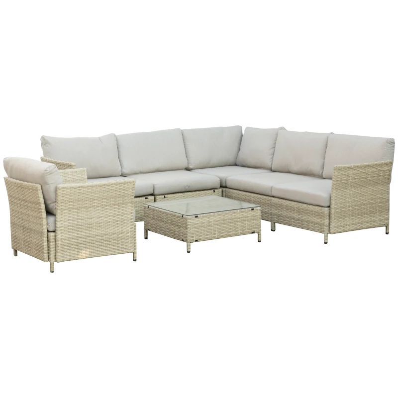 Outsunny Mobilier pentru gradina 7 bucati, modular cu masuta, fotoliu, fotoliu de colt si 2 canapele din ratan PE cu perne, bej(m-11)
