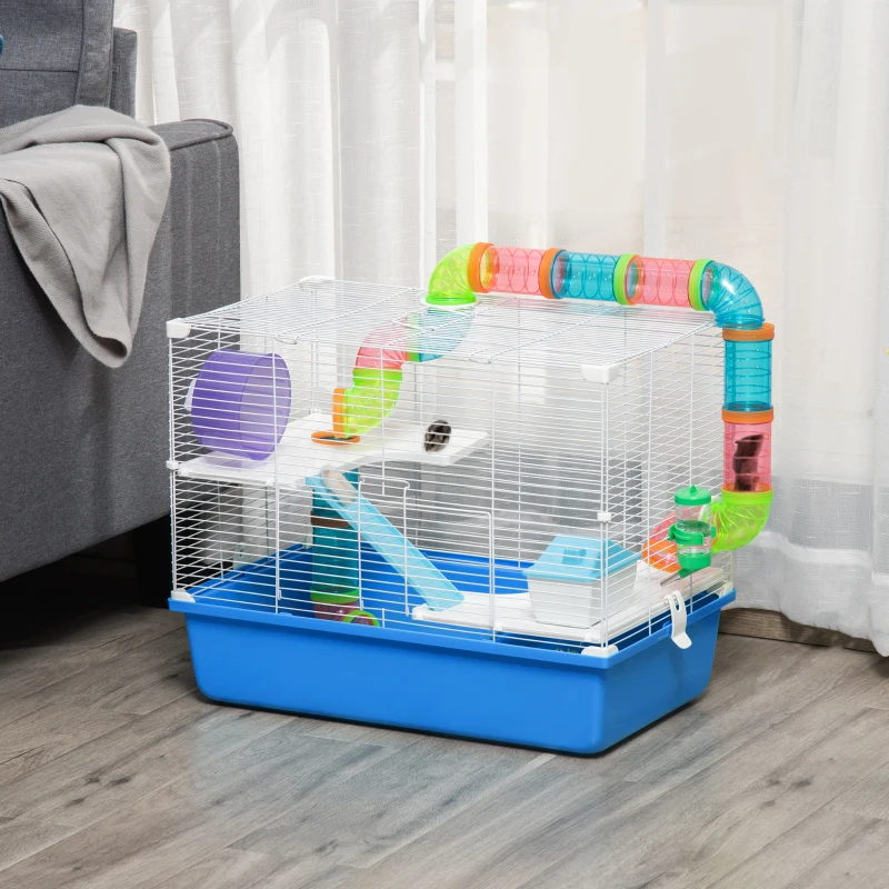 PawHut Cage pour Hamster à 3 Niveaux avec Tunnel, Maisonnette et Roue pour Hamsters, 59x36x47cm, Bleu et Blanc
