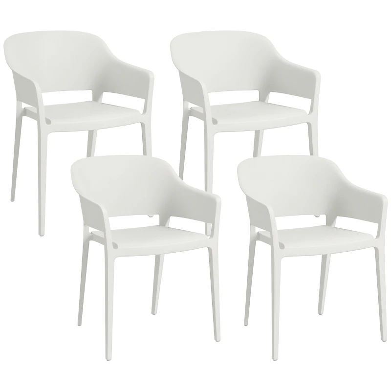 Outsunny Set din 4 Scaune de Grădină, Scaune Stivuibile de Exterior cu Spătar Înalt și Cotiere, 56x54.5x77.5 cm, Alb