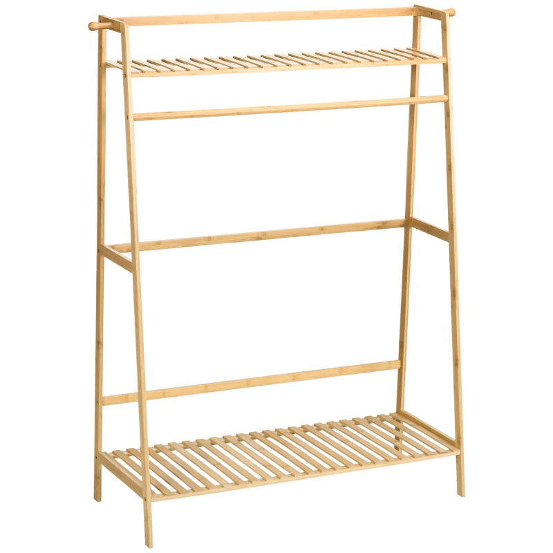 HOMCOM Perchero de Pie de Madera de Bambú para Ropa con 2 Estantes 2 Ganchos y Barra para Colgar 114x40x139 cm Natural