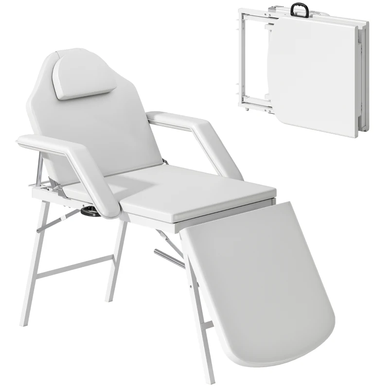 HOMCOM Lettino per Massaggio Portatile, Lettino per Massaggio Pieghevole con Rivestimento in Pelle Sintetica, Imbottitura in Schiuma, Telaio in Acciaio, Bianco