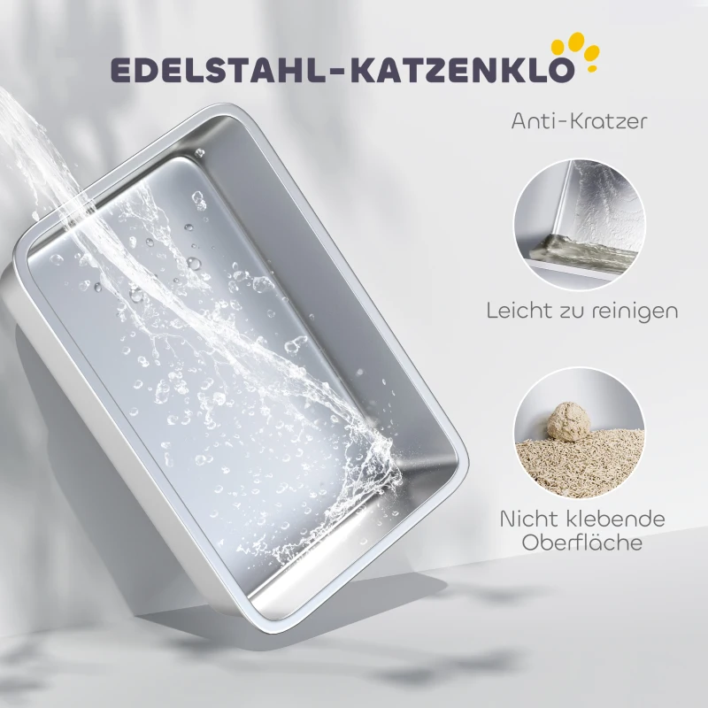 PawHut Kattenbak, roestvrij staal, XL-interieur, met schep, lichtgrijs(m-4)
