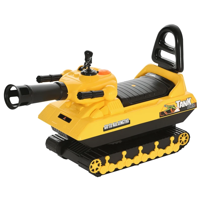 HOMCOM Macchina Cavalcabile per Bambini con Cannone Spara Palline e Vano Contenitore, Carro Armato per Bambini 3+Anni, 68x24x41.5cm, Giallo
