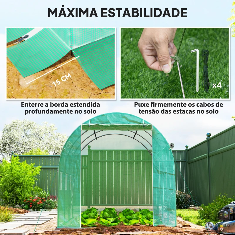 Outsunny Estufa Tipo Túnel 296x196x200 cm Estufa de Jardim com 3 Portas e 6 Janelas Enroláveis Teto Curvo para Cultivo Verde