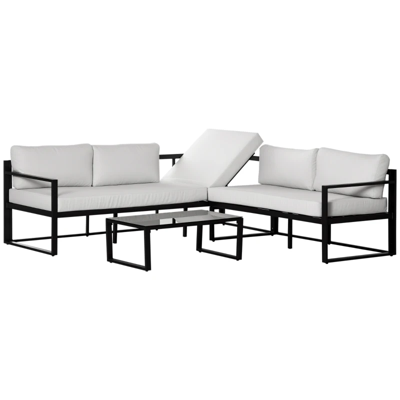 Outsunny Conjunto de Móveis de Jardim 3 Peças de Alumínio com Mesa de Vidro Sofá de 2 Lugares e Sofá de 3 Lugares com Encosto Ajustável e Almofadas Removíveis 212x70x64cm Preto e Cinza