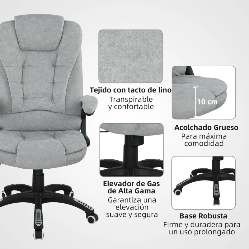 Vinsetto Silla Oficina con Masaje de 6 Puntos con Función Basculante con Calefacción Altura Ajustable 65x71x110-120 cm Gris