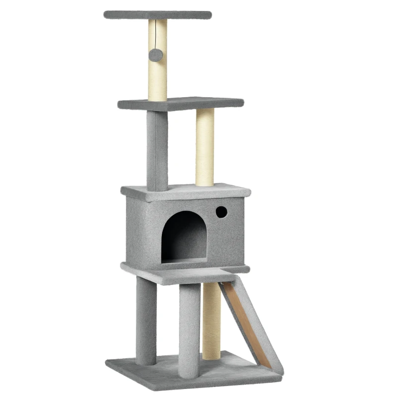 PawHut Albero Tiragraffi Multilivello con Casetta, Scala, Pallina e Pali in Sisal, 48x48x125 cm, Grigio