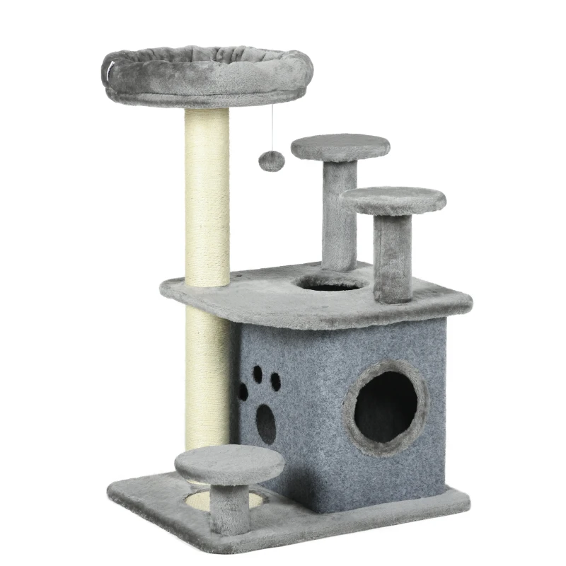 PawHut Arbre à Chat avec Transat et Maison en Peluche, Poteaux en Sisal, 60x48x92 cm, Gris