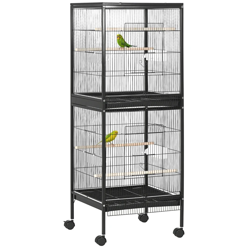 PawHut Colivie pentru Păsări cu 4 Roți Pivotante, Tăvi Detașabile și Recipiente din Plastic, 51.5x50x140 cm, Negru