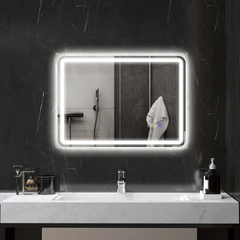 HOMCOM Miroir de salle de bains avec éclairage LED, Pad anti-buée, 3 couleurs réglables, 700 x 900 mm, Argent