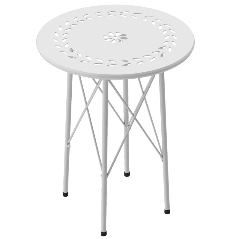 Outsunny Mesa de Jardín Redonda de Acero con Diseño de Flores y Hojas Patas Ajustables y Estructura en Forma de X Ø40x50cm Blanco