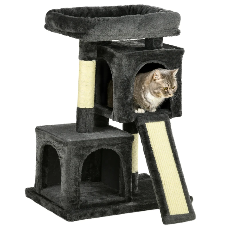 PawHut Arbre à Chat Compact avec Grottes et Panneau à Griffes - Gris foncé