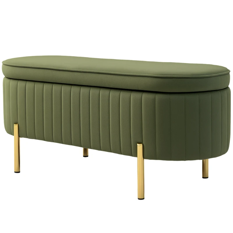 HOMCOM Banc de Rangement Ovale de 72L avec Couvercle Relevable, en Tissu Effet Velours et Bois, 108x44x43.5 cm, Vert