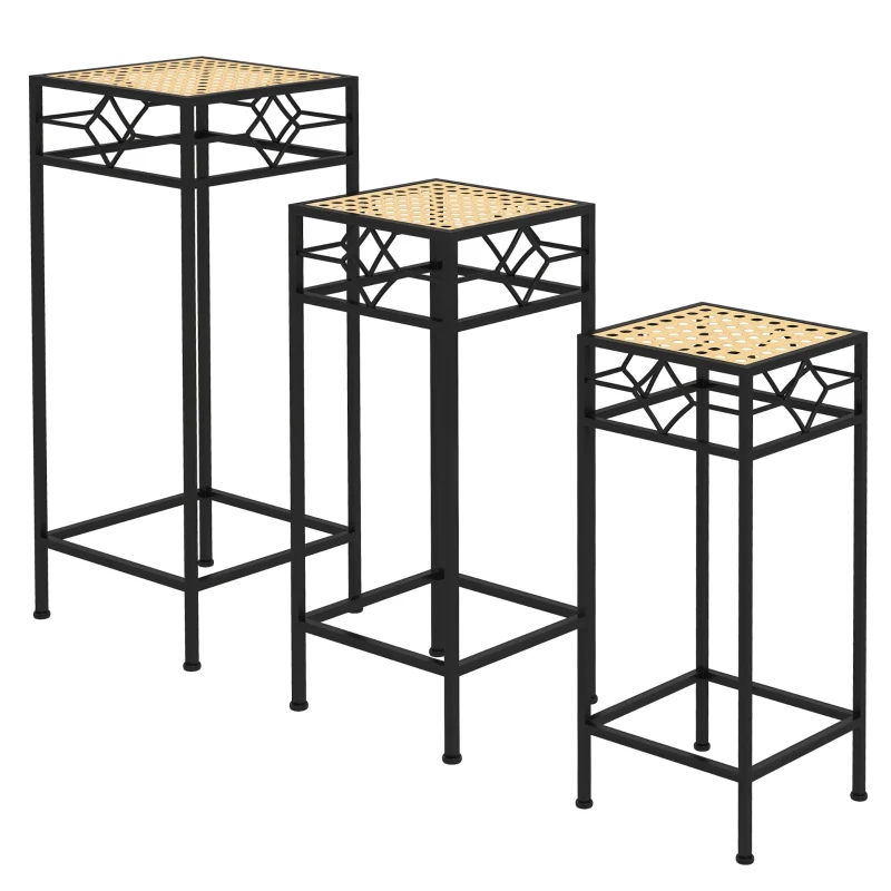 Outsunny Blumenständer, 3er-Set, rund, stapelbar, Rattanoptik, Metallbeine, In- und Outdoor, Schwarz/Gold