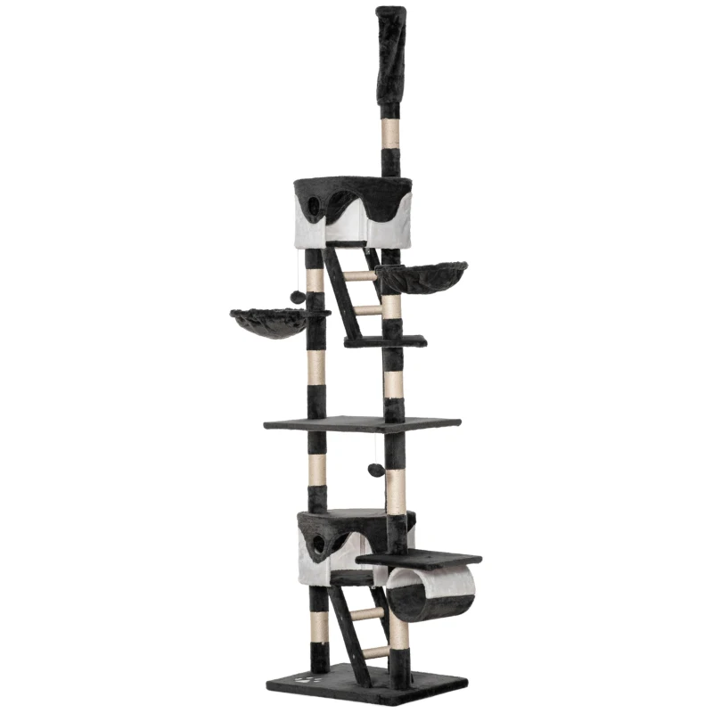 PawHut Arbre à Chat Suspendu avec Hauteur Réglable 240-260cm, Arbre à Chat à Plusieurs Niveaux avec Cabanes, Hamacs et Échelles, Cordes en Sisal, Gris Foncé et Blanc