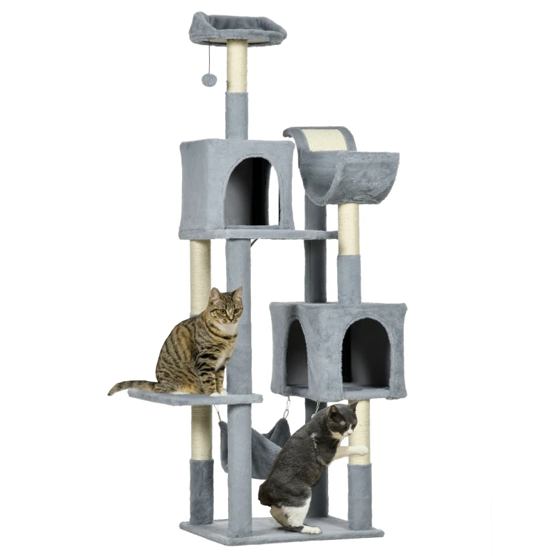 PawHut Arbre à Chat avec Hamac, Coussin et 2 Maisons, en Particules et Peluche, 55x49x177 cm, Gris et Blanc