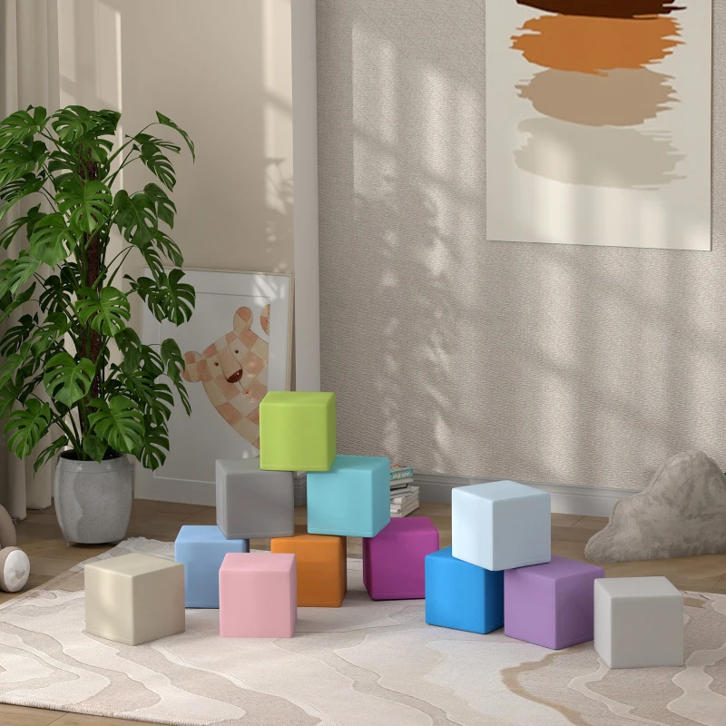 HOMCOM Ensemble de 12 Cubes de Jeu Souples pour Enfants de 12 à 36 Mois en PU et EPE, 20x20x20 cm, Multicolore