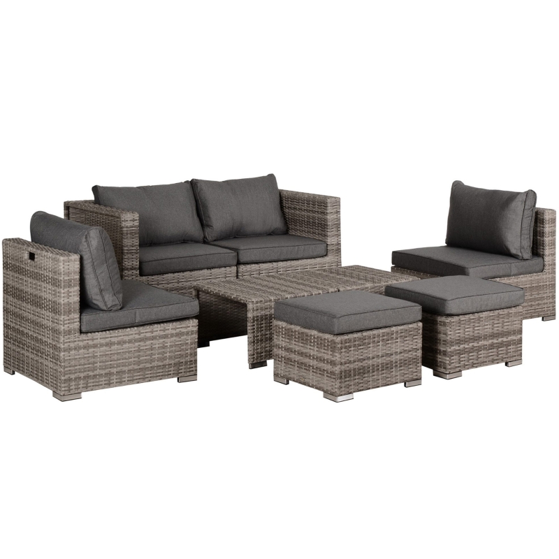 Outsunny Conjunto de Muebles de Jardín 8 Piezas de Ratán Sintético con 2 Mesas Reposapiés y Cojines para Patio Terraza Marrón y Gris