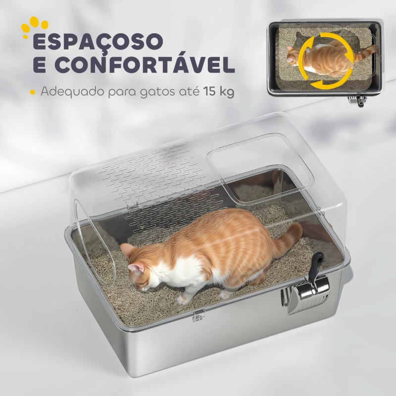PawHut Caixa de Areia para Gatos em Aço Inoxidável XL  com Pá Aberturas Duplas Fácil de Limpar 60x39,6x40,1 cm Prateado
