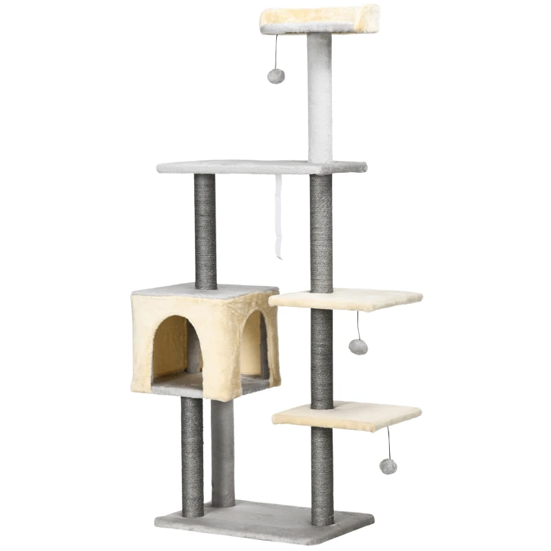 PawHut Arbre à Chat Haut 156cm avec Hamac, Maisonnette et Poteaux à Griffer en Sisal