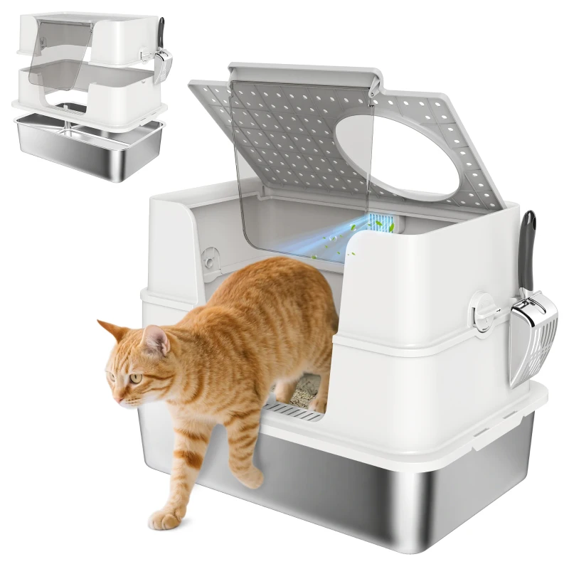 PawHut Lettiera per Gatti in Acciaio Inox XL con Coperchio Ribaltabile Laterale Alto Pala Facile da Pulire Antifughe Grigio Chiaro