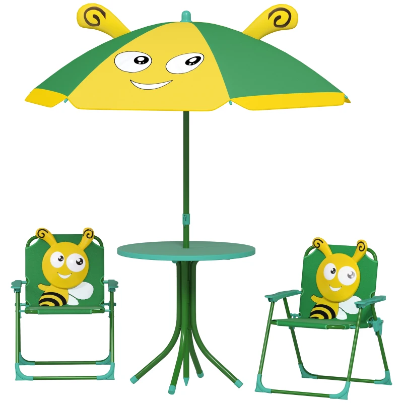 Ensemble de meubles de jardin AIYAPLAY pour enfants, chaises, table, parasol, design d'abeilles, Vert + Jaune