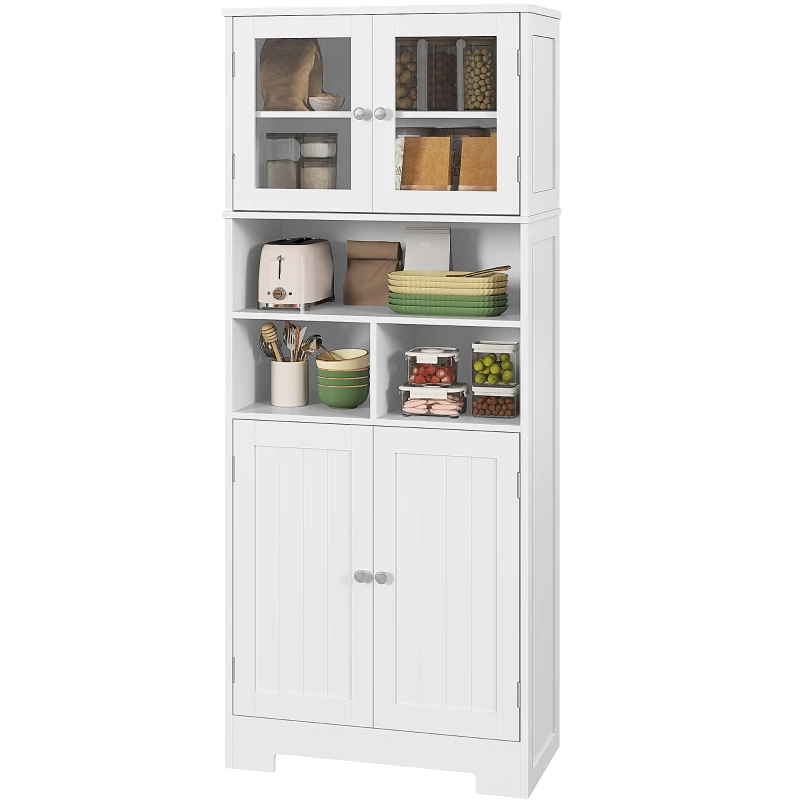 HOMCOM Credenza Cucina avec 2 Armoires et 3 Compartiments Ouverts, Portes en Verre et Étagères Réglables, 60x30x145.5 cm, Blanc