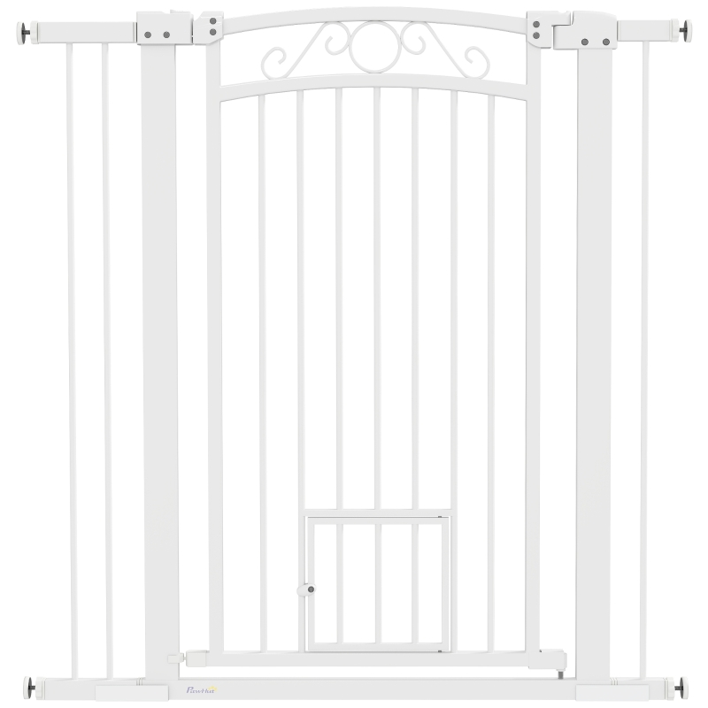 PawHut Barrière pour Chiens Réglable avec Extensions et Porte pour Chats, 76-104x106 cm, Blanc