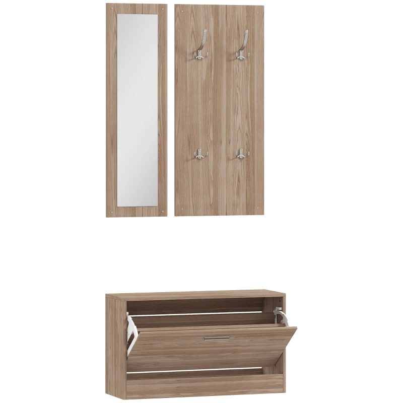 HOMCOM Set d'Entrée avec Banc à Chaussures, Portemanteau Mural et Miroir, 80x27x46,5 cm, Marron Foncé