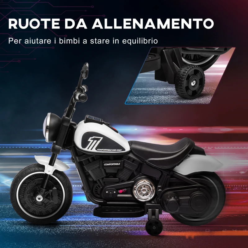 HOMCOM Moto Elettrica per Bambini 18-36 Mesi con Rotelle e Fanale, 76x42x57 cm, Bianco e Nero