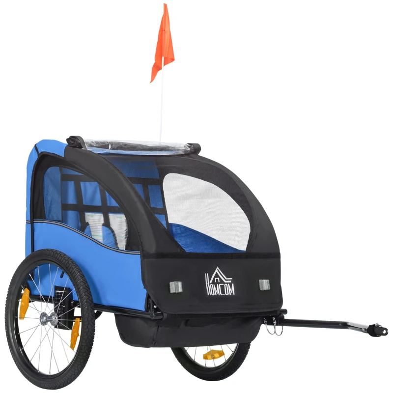 HOMCOM Reboque de Bicicleta para Crianças de 2 Lugares com Cinto de Segurança e Sistema de Amortecimento 140x88x90 cm Azul