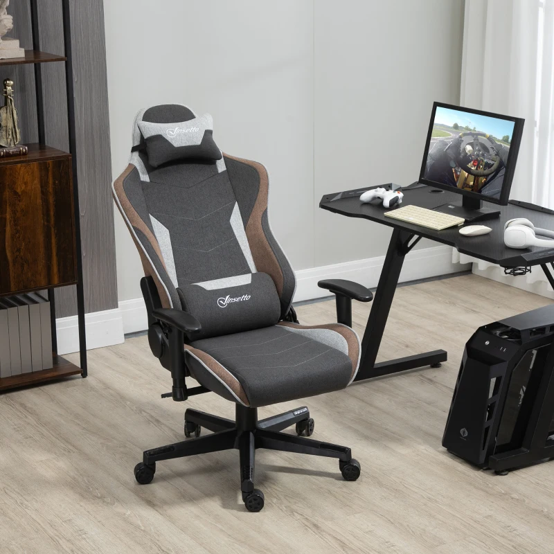 Vinsetto Chaise de Gaming Inclinable à 150° avec Fonction Balancelle, Appuie-tête et Coussin Lombaire, Gris