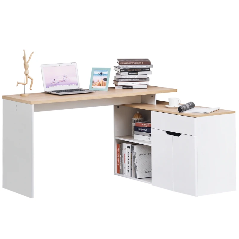 HOMCOM Birou cu Blat Extensibil pentru PC și Bibliotecă, 140x117x76 cm, Alb