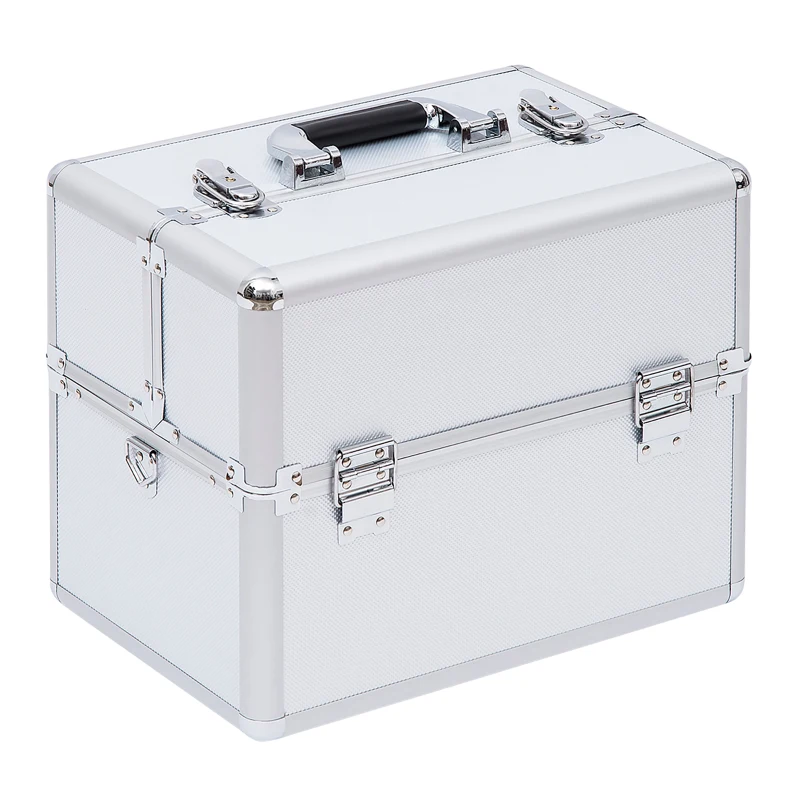 HOMCOM Mallette maquillage valise maquillage à 3 niveaux, boîte de cosmétiques avec clés, 36,5 x 24 x 29 cm, argent