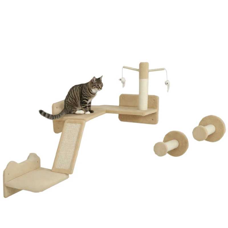 PawHut Katzen Kletterwand Set mit Kratzpfosten, Sprungplattformen und Spielbällen, zum Klettern und Ausruhen, Beige