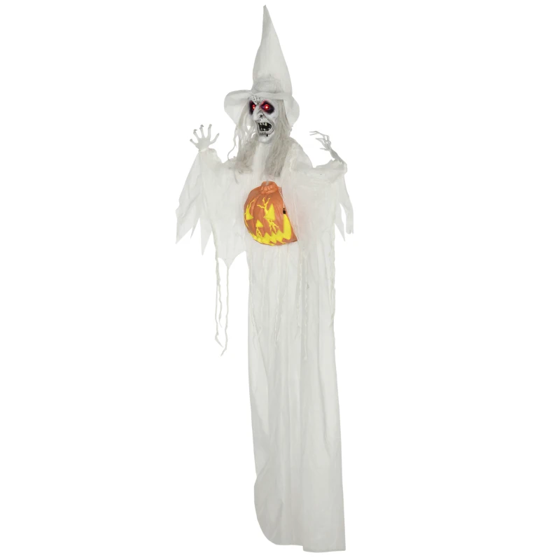 HOMCOM 6ft Outdoor Halloween Decoration Witch with Pumpkin, Hanging Skeleton Witch Prop Life Size with Sound and Motion Activated, Light Up Eyes, Laughing Sound, Posable Arms, White