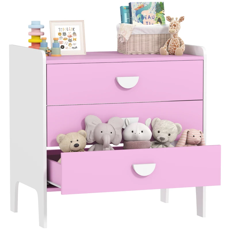 AIYAPLAY Commode pour enfants avec 3 tiroirs, MDF, Armoire de rangement pour enfants, Rose+Blanc