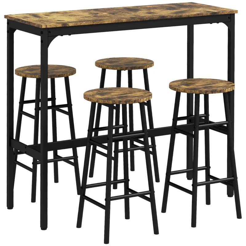 HOMCOM Ensemble Table et Chaises 5 Pièces avec 4 Tabourets avec Repose-Pieds et Table Rettangulaire, Noir et Marron