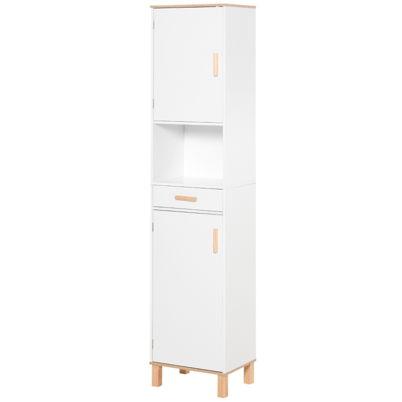 kleankin Meuble Salle de Bain Gain de Place en Bois, Meuble Colonne avec Armoires et Tiroir, 39x30x180cm, Blanc