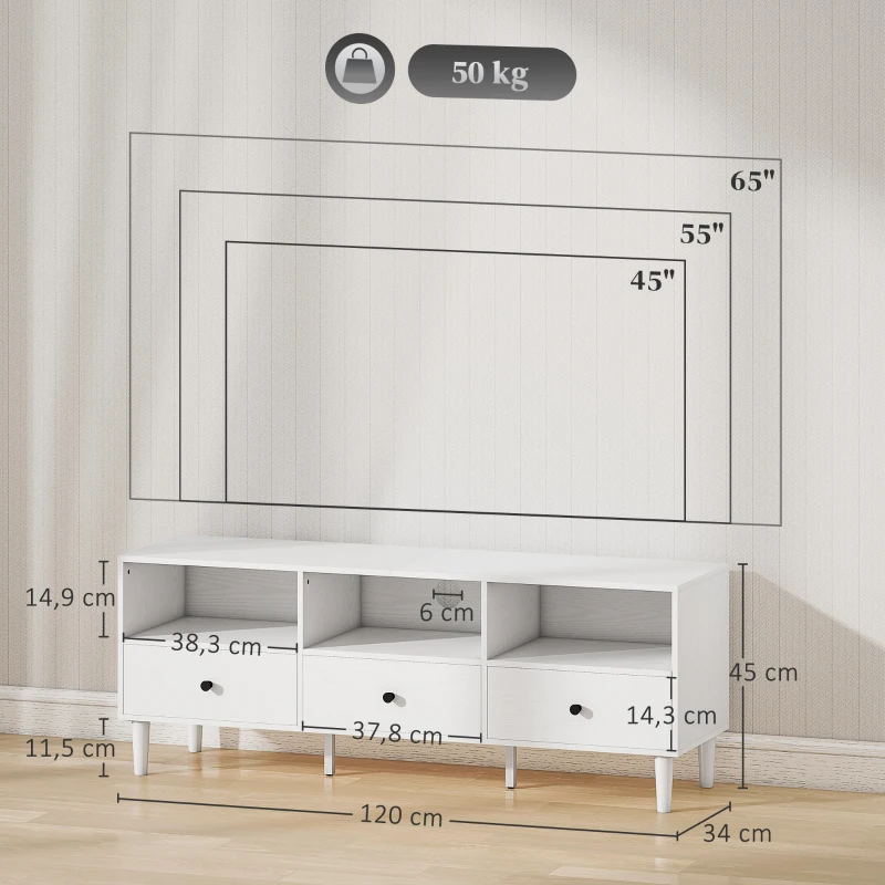 HOMCOM Meuble TV Compact avec 3 Tiroirs et 3 Compartiments pour TV jusqu'à 65 Pouces 120x34x45 cm Blanc