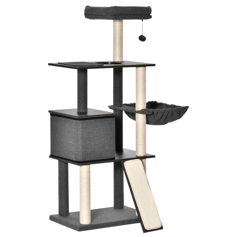 PawHut Árbol para Gatos Grande Altura 146 cm con Plataformas Cueva de Fieltro Extraíble Postes Rascadores de Sisal Hamaca Cojines Lavables Rampa y Bola de Juguete 60x40x146 cm Gris