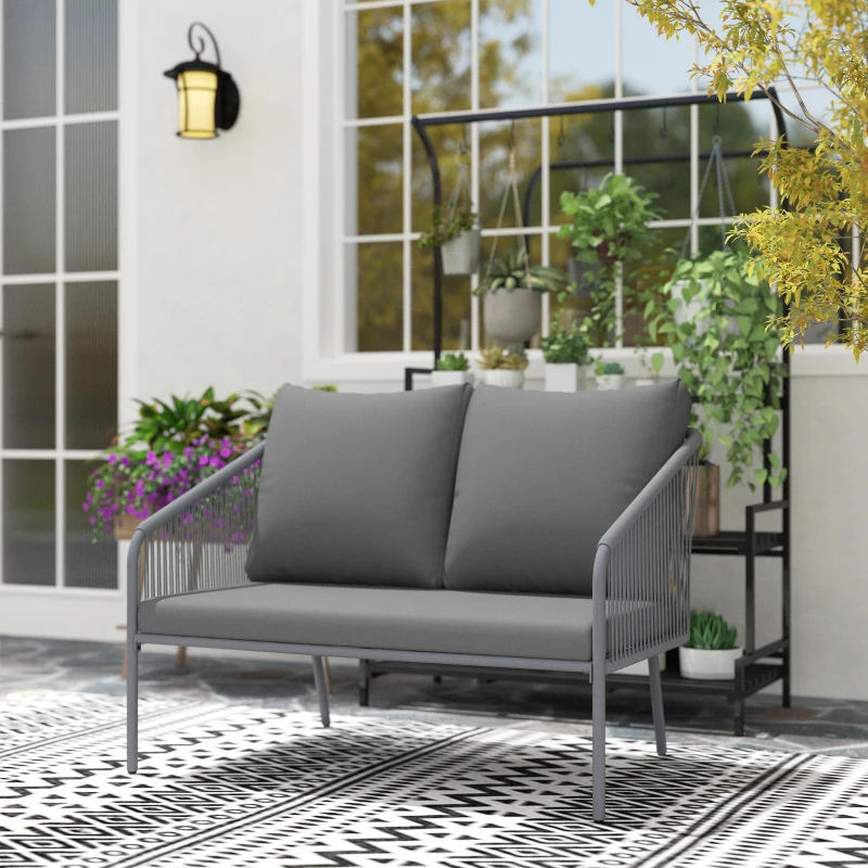 Outsunny Canapé de jardin avec coussins 2 places Canapé en rotin Lounge extérieur canapé de balcon 112 x 72 x 76 cm gris
