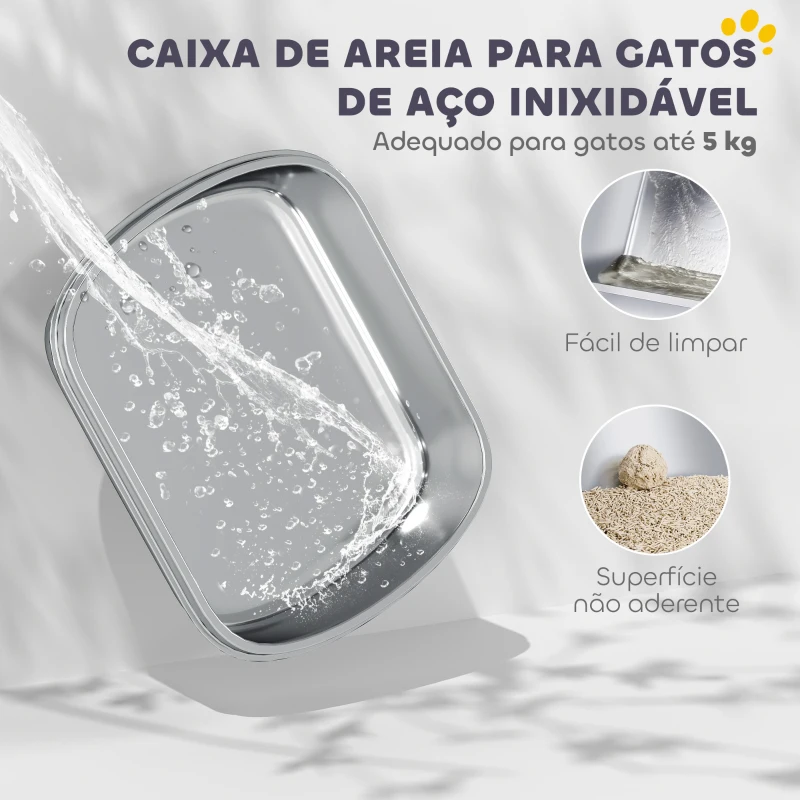 PawHut Caixa de Areia para Gatos em Aço Inoxidável com Tampa Caixa de Areia com Bolsa Desodorizante e Pá 52,4x41,3x39,9 cm Cinzento